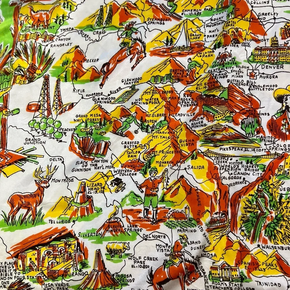 Vintage Colorful Colorado Centennial Souvenir Silk Scarf Picture Map Green